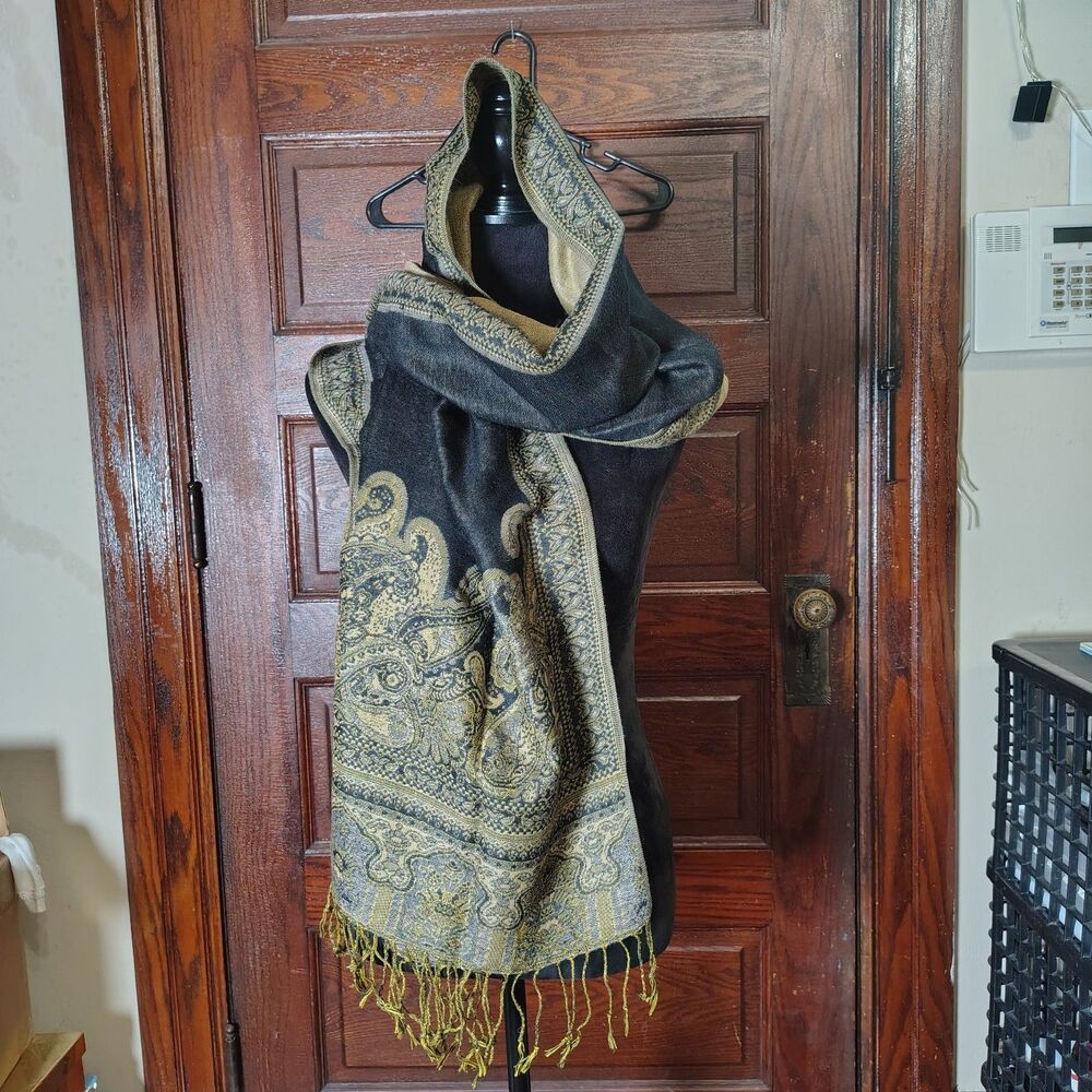 Gold Black Paisley Gypsy Head Neck Scarf W Tassels 69x27/T736